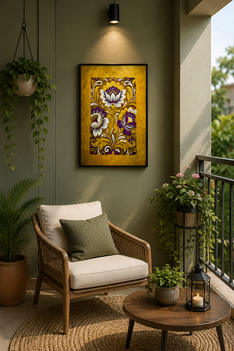 A framed vertical art print featuring a golden-yellow background with purple and white floral motifs, displayed on a dark green wall in a styled patio setting with a wicker armchair, potted plants, and a small wooden table.