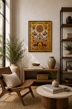 A framed golden canvas wall art piece featuring a sun and deer motif in warm yellow, orange, red, and blue tones, displayed in a styled living room with a chair, table, shelves, and plants.