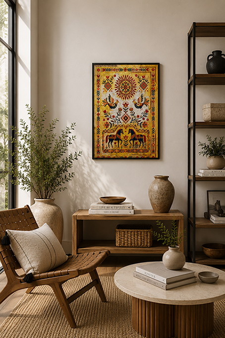 A framed colourful golden canvas wall art print featuring a sun motif and stylised figures, displayed in a warm, modern living room setting with a wooden chair, coffee table, and shelving.