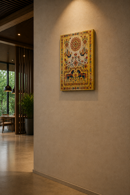 A rectangle golden canvas wall art piece with a golden-yellow border and colourful traditional folk-art style motifs, hanging on a beige textured wall in a modern interior hallway.