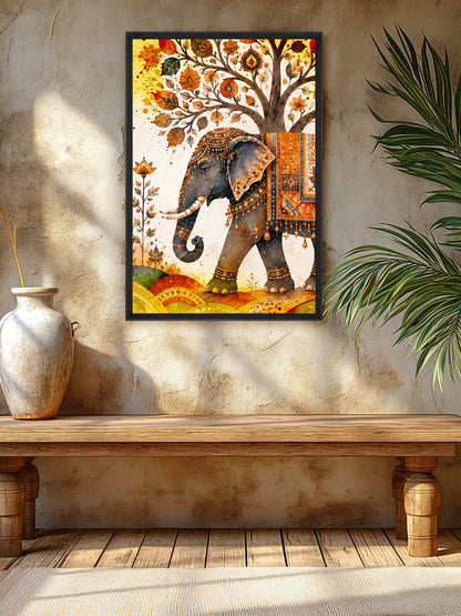 A framed vertical art print featuring an ornate elephant under a leafy tree, displayed on a textured beige wall above a wooden bench in a styled interior setting.