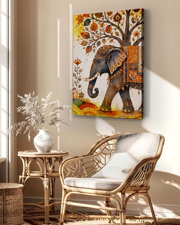 A vertical canvas wall art print featuring a decorated elephant beneath a tree with autumn leaves, styled in a warm, sunlit room next to a wicker chair and side table.