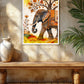 A framed wall art print featuring an ornate elephant under a tree with autumn leaves, displayed on a textured beige wall above a wooden bench, with a vase and plant nearby.