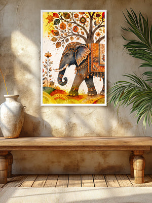 A framed wall art print featuring an ornate elephant under a tree with autumn leaves, displayed on a textured beige wall above a wooden bench, with a vase and plant nearby.