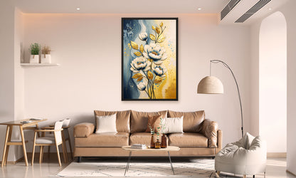 Living room with a beige sofa, coffee table  and decorative wall art of flowers.