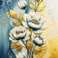 Luxury floral canvas wall art featuring elegant ivory blossoms, golden leaves, and sophisticated botanical details in blue and gold tones.