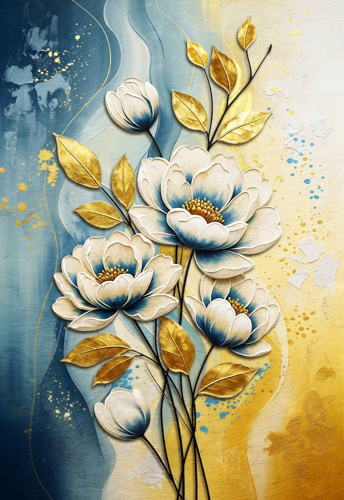 Luxury floral canvas wall art featuring elegant ivory blossoms, golden leaves, and sophisticated botanical details in blue and gold tones.