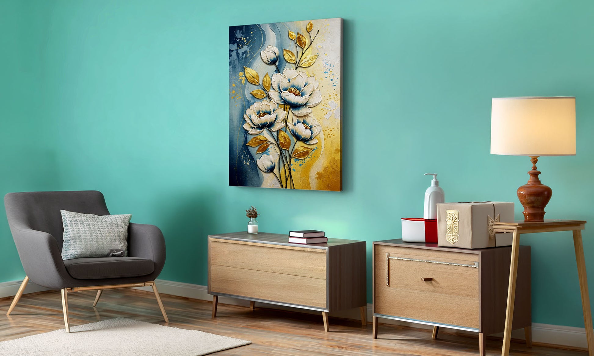 Living room with teal walls, gray chair, wooden side table, and floral painting.