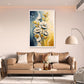 Luxury floral canvas wall art featuring elegant ivory blossoms, golden leaves, and sophisticated botanical details in blue and gold tones.