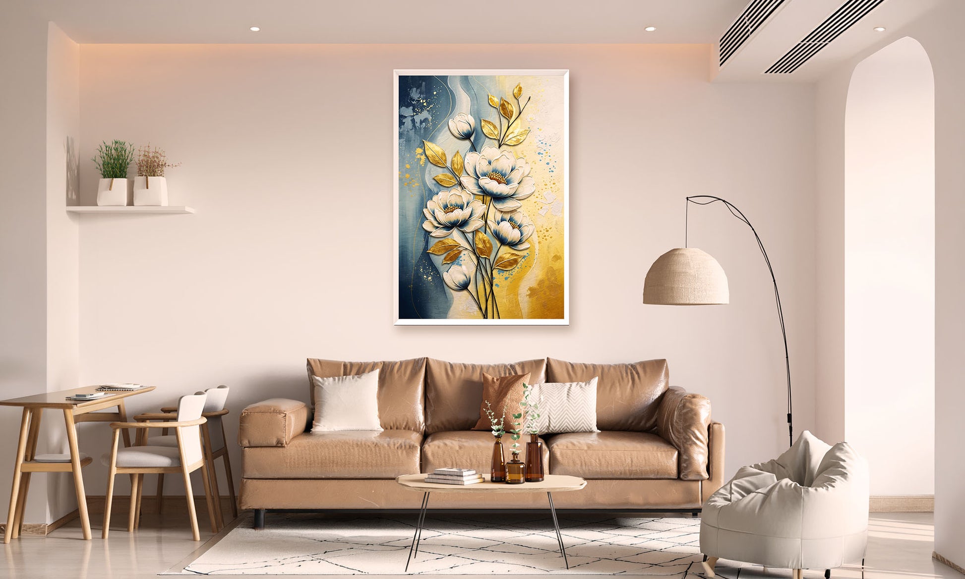 Luxury floral canvas wall art featuring elegant ivory blossoms, golden leaves, and sophisticated botanical details in blue and gold tones.