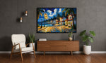 Modern living room with a TV displaying a lantern shore painting, a white armchair, wooden cabinet, and decorative plants.