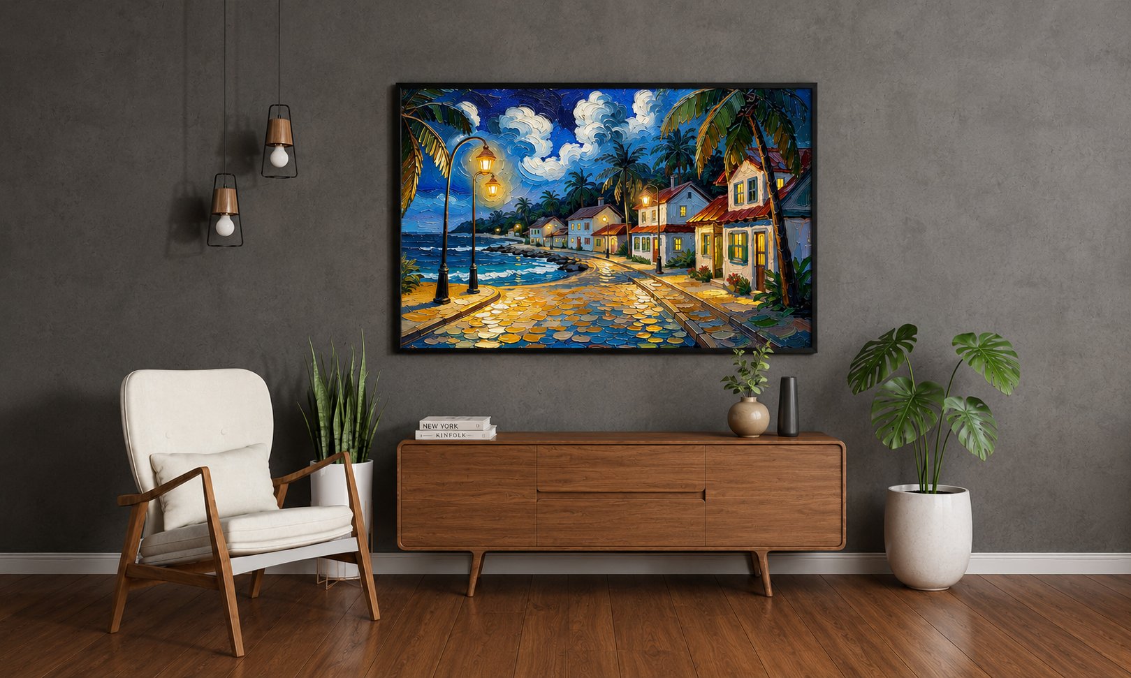 Modern living room with a TV displaying a lantern shore painting, a white armchair, wooden cabinet, and decorative plants.