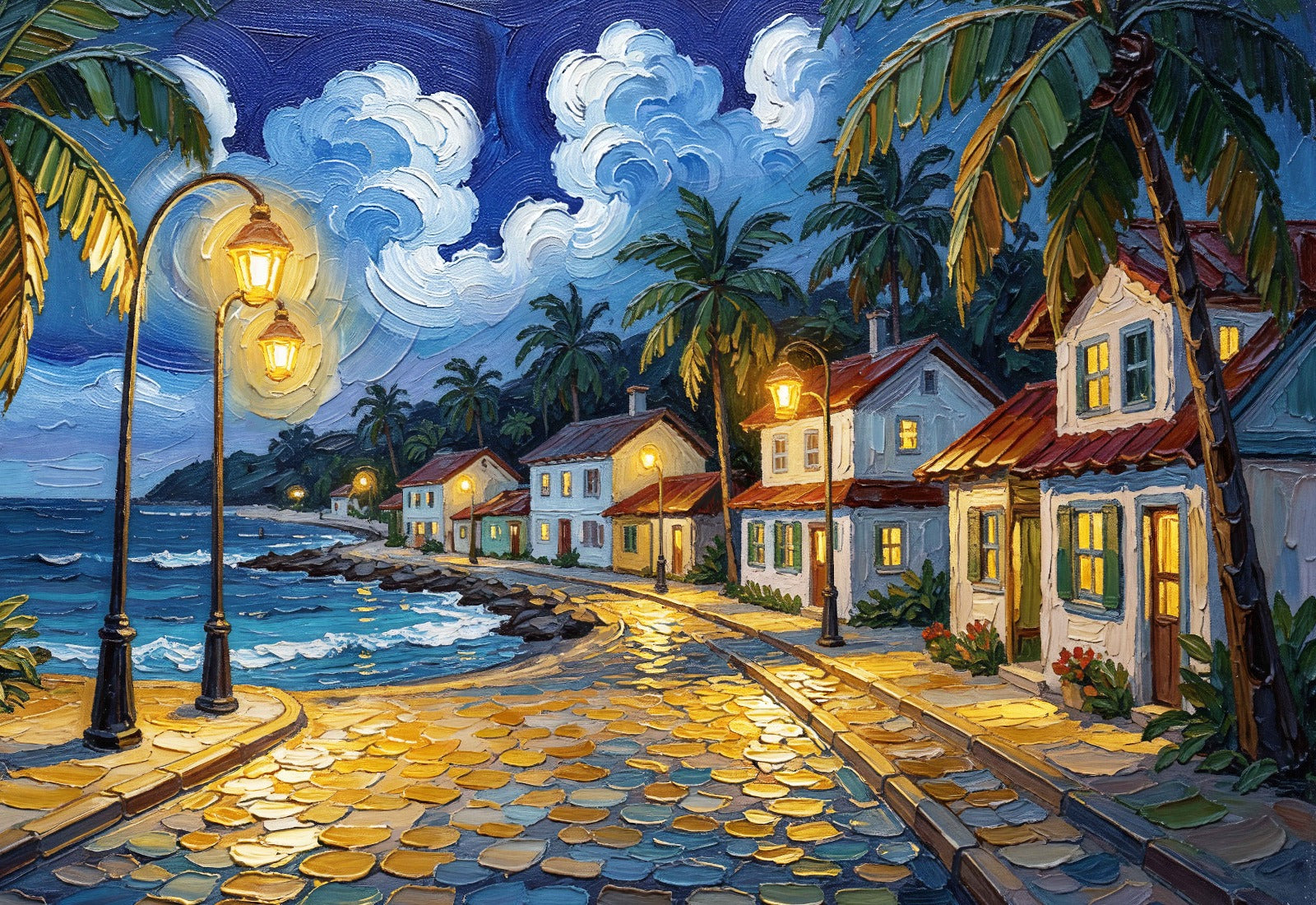 Coastal village canvas wall art featuring lantern-lit streets, tropical cottages, palm trees, and a scenic waterfront at dusk.