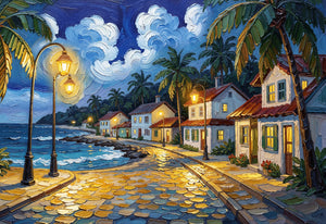 Coastal village canvas wall art featuring lantern-lit streets, tropical cottages, palm trees, and a scenic waterfront at dusk.