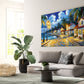 Coastal village canvas wall art featuring lantern-lit streets, tropical cottages, palm trees, and a scenic waterfront at dusk.