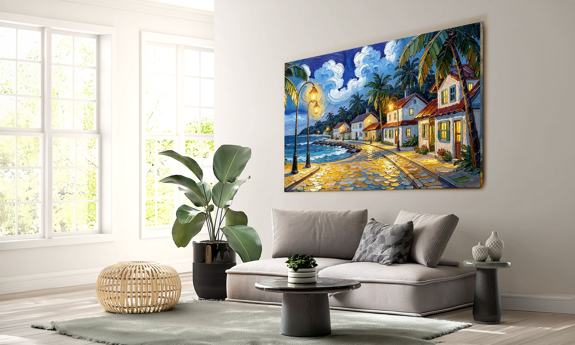 Coastal village canvas wall art featuring lantern-lit streets, tropical cottages, palm trees, and a scenic waterfront at dusk.