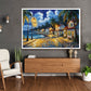 Room interior with a large painting of a Lantern shore scene, chair, and wooden cabinet.