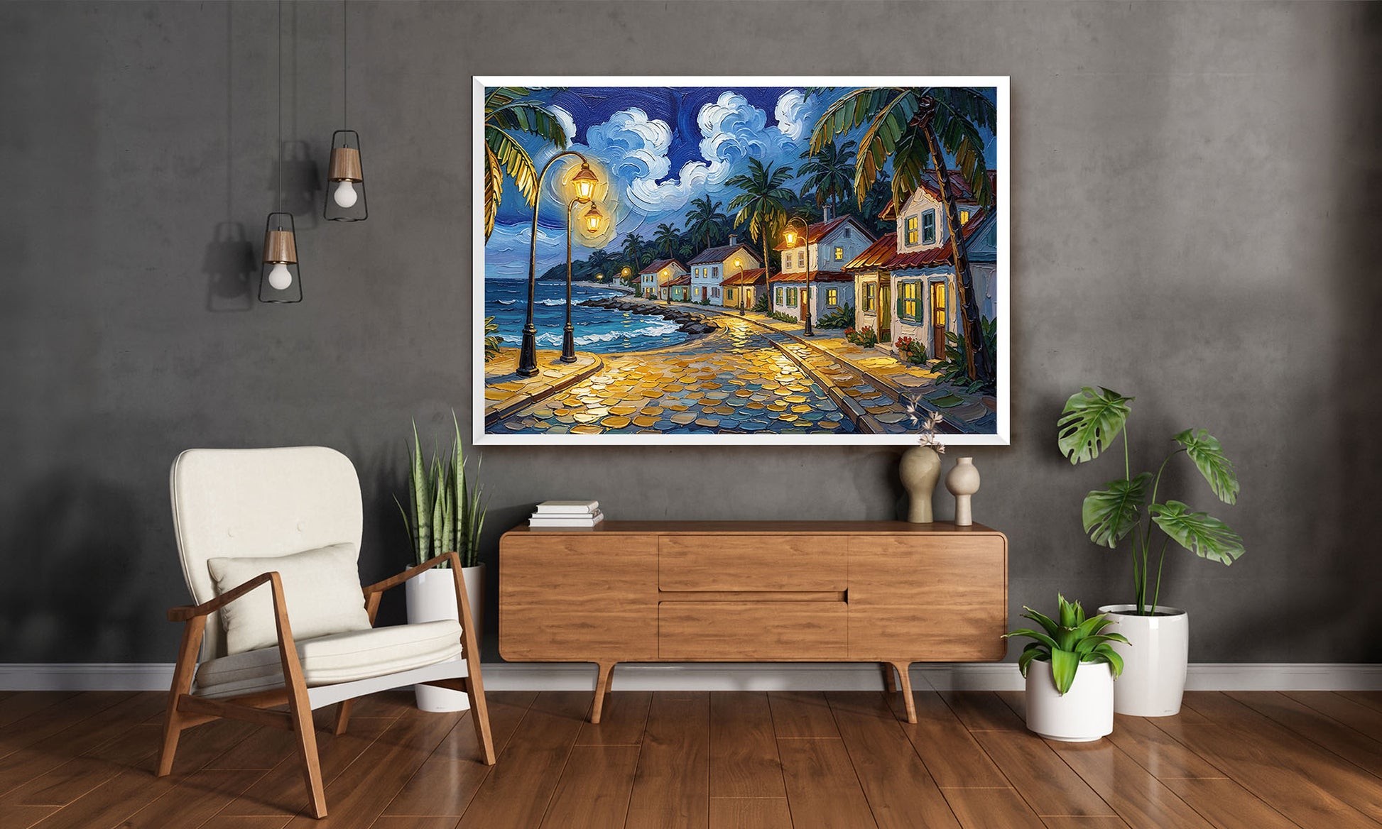 Room interior with a large painting of a Lantern shore scene, chair, and wooden cabinet.