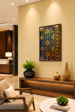Luxury gold canvas wall art featuring ornate lotus flowers, delicate botanical vines, heritage-inspired decorative patterns, and a distressed navy background with shimmering metallic gold textures, symbolizing purity, prosperity, harmony, and timeless elegance.