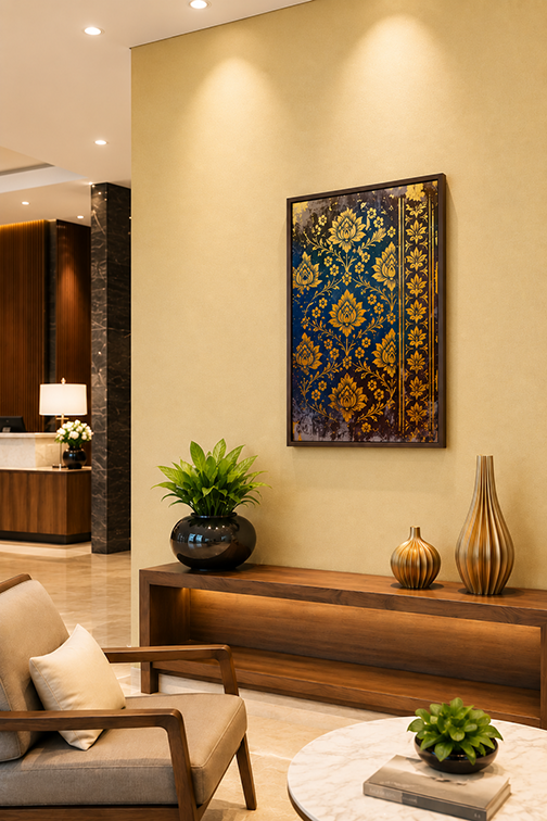 Luxury gold canvas wall art featuring ornate lotus flowers, delicate botanical vines, heritage-inspired decorative patterns, and a distressed navy background with shimmering metallic gold textures, symbolizing purity, prosperity, harmony, and timeless elegance.