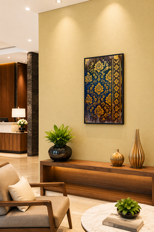 A framed vertical art print featuring an intricate navy blue and gold floral damask pattern, displayed on a warm beige wall in a modern, stylish living room setting.