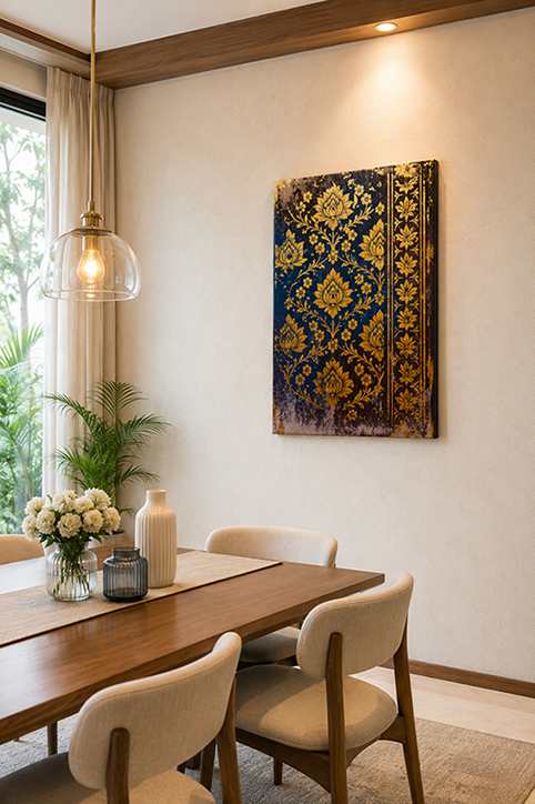 A vertical rectangular wall art piece featuring an ornate navy blue and gold damask pattern, displayed in a modern dining room setting above a wooden table with cream chairs.
