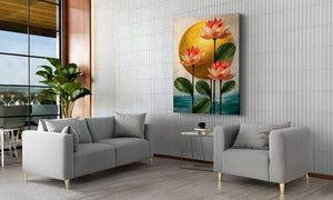 Modern living room with grey sofa, armchair, and decorative lotus wall art.