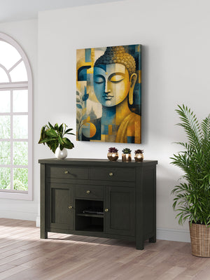 Furniture piece with a Buddha painting above it in a room with plants and a window.