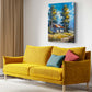 Rustic countryside canvas wall art featuring an old farm cottage surrounded by golden meadows, tall trees, and a peaceful rural landscape.