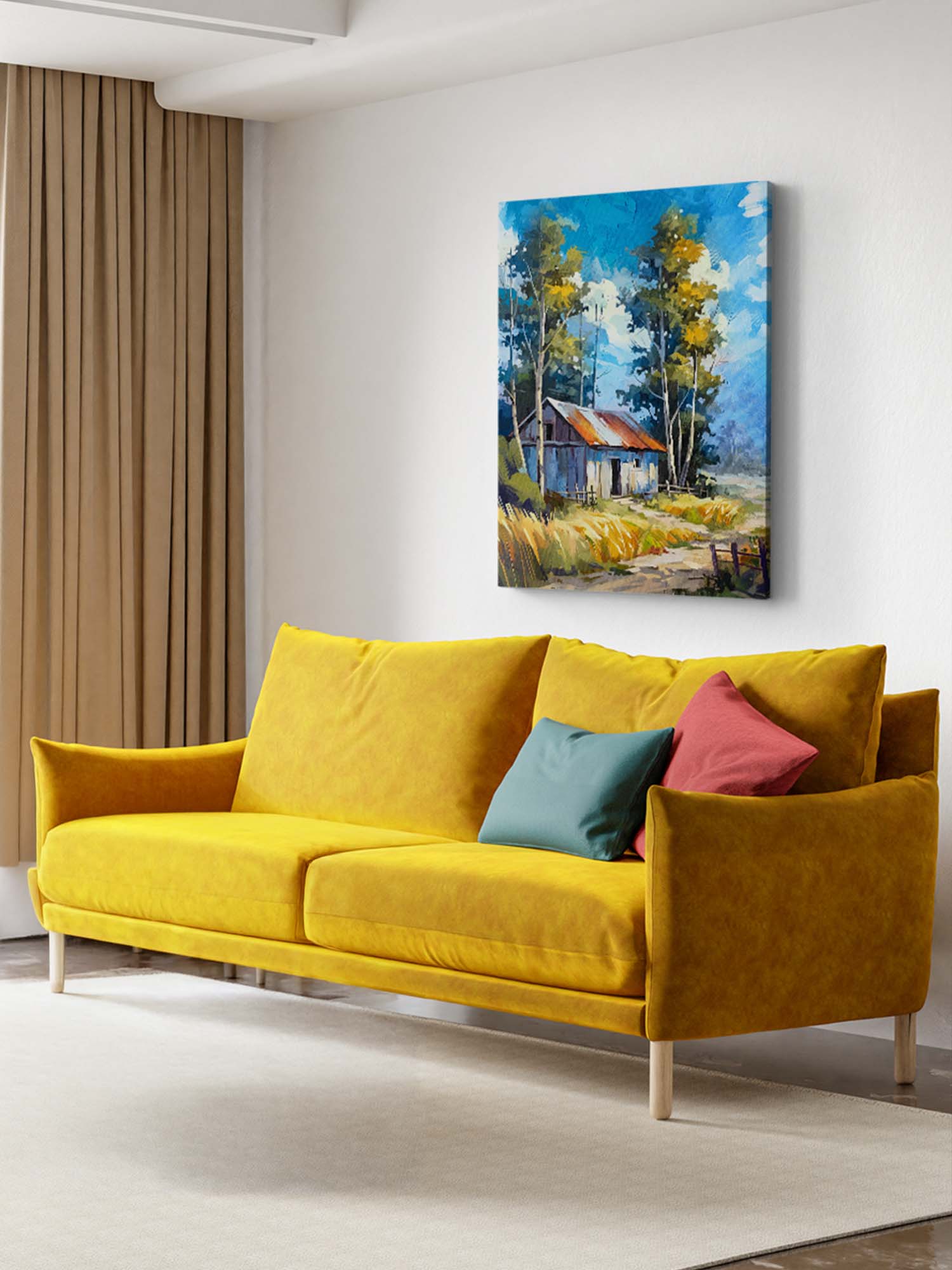 Rustic countryside canvas wall art featuring an old farm cottage surrounded by golden meadows, tall trees, and a peaceful rural landscape.