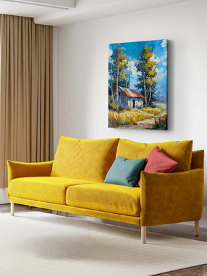 Rustic countryside canvas wall art featuring an old farm cottage surrounded by golden meadows, tall trees, and a peaceful rural landscape.