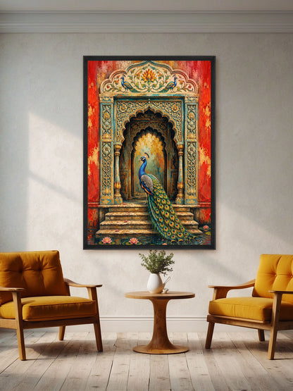 A framed wall art print depicting a peacock in front of an ornate golden archway on a red background, displayed in a modern living room setting above two mustard yellow armchairs and a small wooden side table.