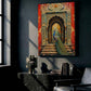 A vertical canvas print of an Indian-style pavilion with a peacock, displayed on a dark wall in a modern living room setting.