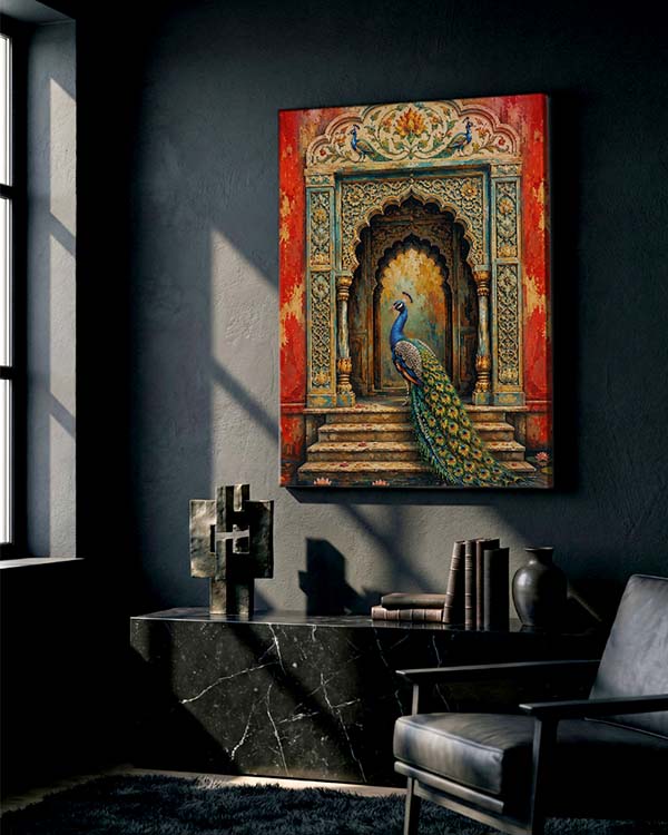 A vertical canvas print of an Indian-style pavilion with a peacock, displayed on a dark wall in a modern living room setting.