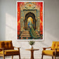 A framed wall art print depicting a peacock in front of an ornate red and teal archway, displayed in a styled living room setting above two mustard yellow armchairs and a small wooden side table.