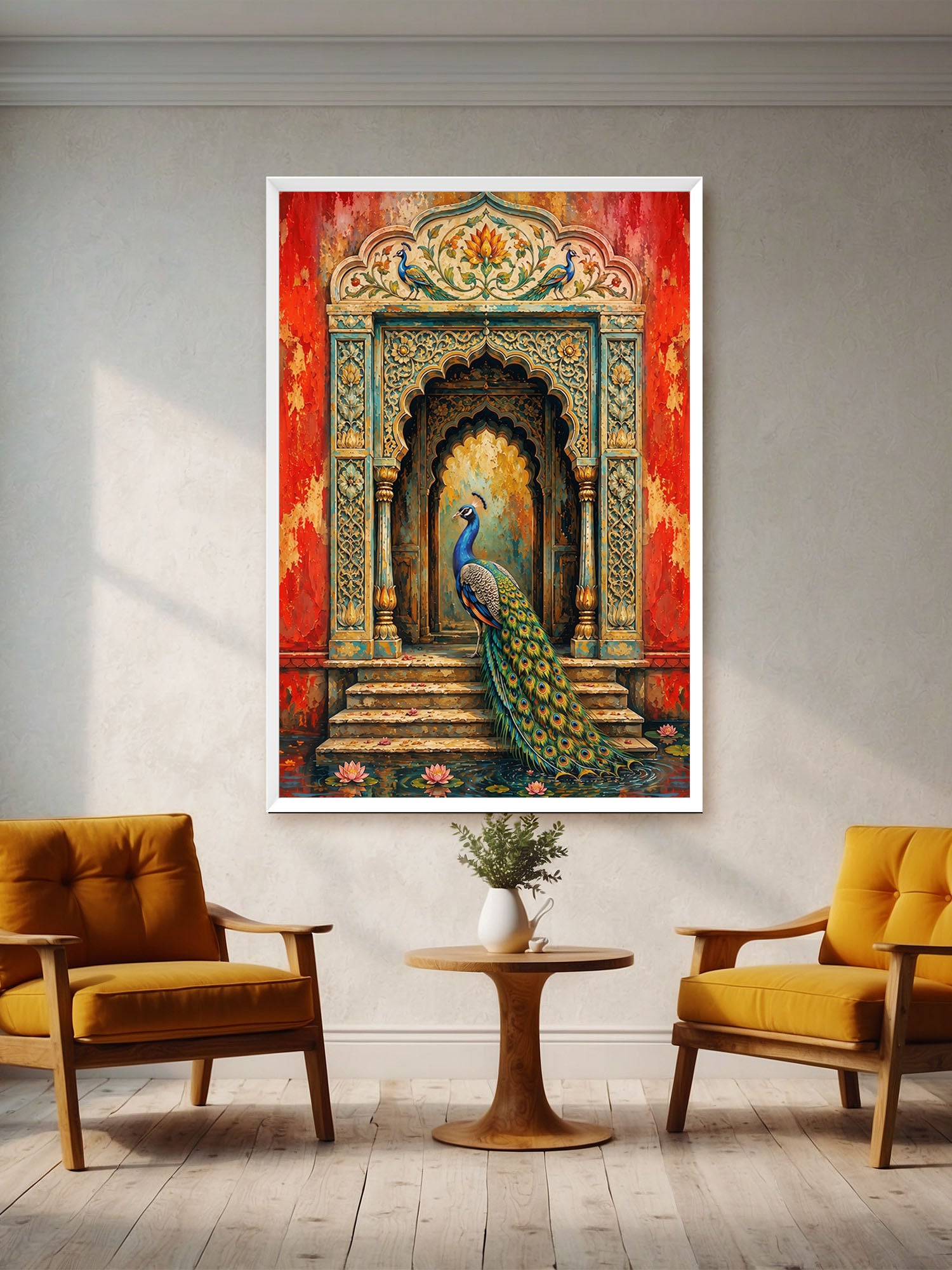 A framed wall art print depicting a peacock in front of an ornate red and teal archway, displayed in a styled living room setting above two mustard yellow armchairs and a small wooden side table.