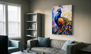 Colorful peacock painting on a wall in a living room with a gray sofa and bookshelf.