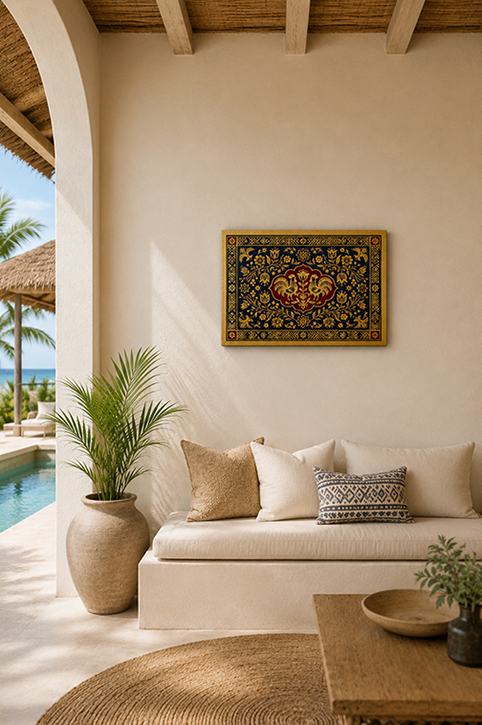 A bohemian-style framed golden wall art piece featuring a detailed central medallion and ornate borders in gold, red, and blue, hanging on a cream stucco wall above a white cushioned daybed with neutral pillows in a sunlit patio setting.