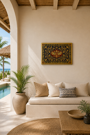 A bohemian-style framed golden wall art piece featuring a detailed central medallion and ornate borders in gold, red, and blue, hanging on a cream stucco wall above a white cushioned daybed with neutral pillows in a sunlit patio setting.