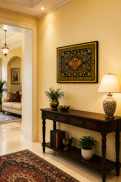 A framed ornate oriental-style wall hanging with a central medallion, displayed in a warm, elegant living room above a dark wood console table with a lamp and plants.