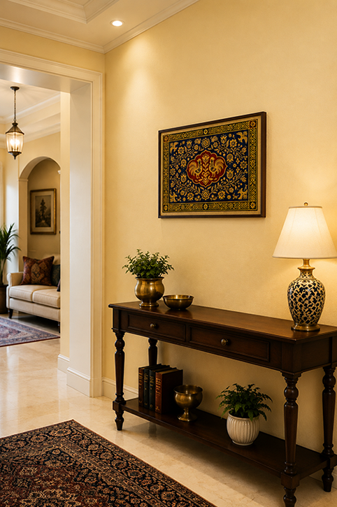 A warm, elegant interior hallway featuring a dark wood console table decorated with a patterned table lamp, potted plants, and a decorative rug. On the cream-colored wall above the console, a framed oriental-style tapestry hangs.