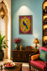 A colourful framed wall art print featuring a Koyal on an ornate floral arch, displayed in a styled traditional living room with a blue wall, wooden cabinet, lamps, and a pink armchair.