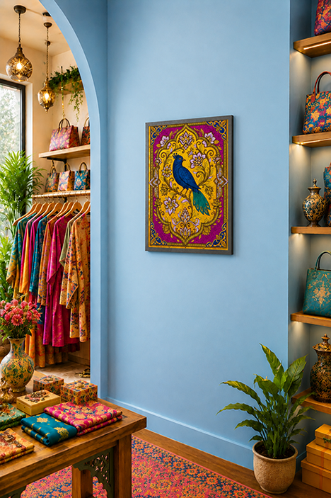 A framed colorful wall art print featuring a peacock on an ornate floral background, displayed on a light blue wall in a boutique interior with clothing racks, shelves, plants, and decorative items.