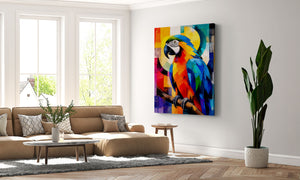 Living room with a colourful macaw painting on the wall