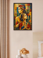 A framed vertical art print depicting a stylized Indian couple in warm, colorful tones, displayed on a beige textured wall in a bedroom setting next to a curtain and a bedside table.