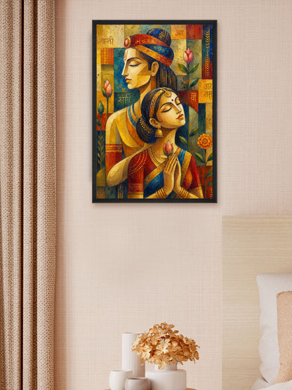 A framed vertical art print depicting a stylized Indian couple in warm, colorful tones, displayed on a beige textured wall in a bedroom setting next to a curtain and a bedside table.