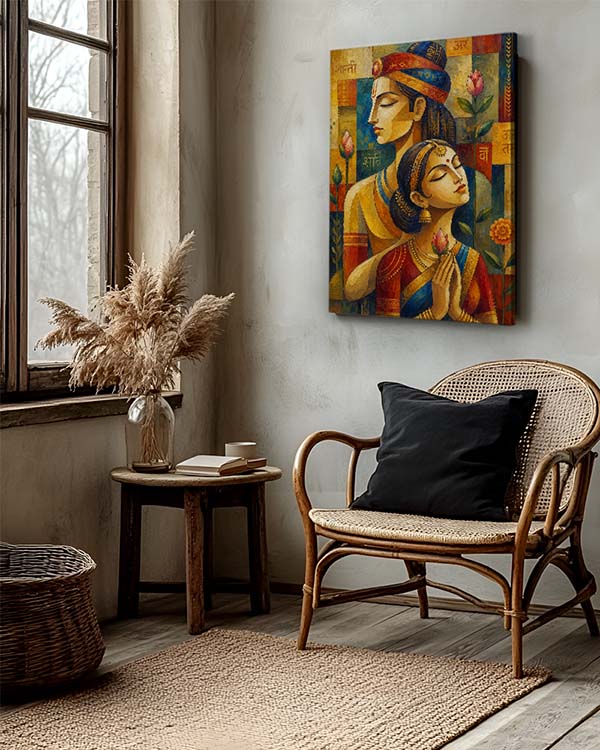 A colorful framed wall art print depicting two stylized figures hangs on a textured plaster wall in a rustic living room setting with a rattan chair, side table, and pampas grass.