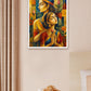 A framed vertical art print featuring a colorful illustration of a couple in traditional attire, displayed on a beige textured wall in a styled bedroom setting next to a curtain and a bed.
