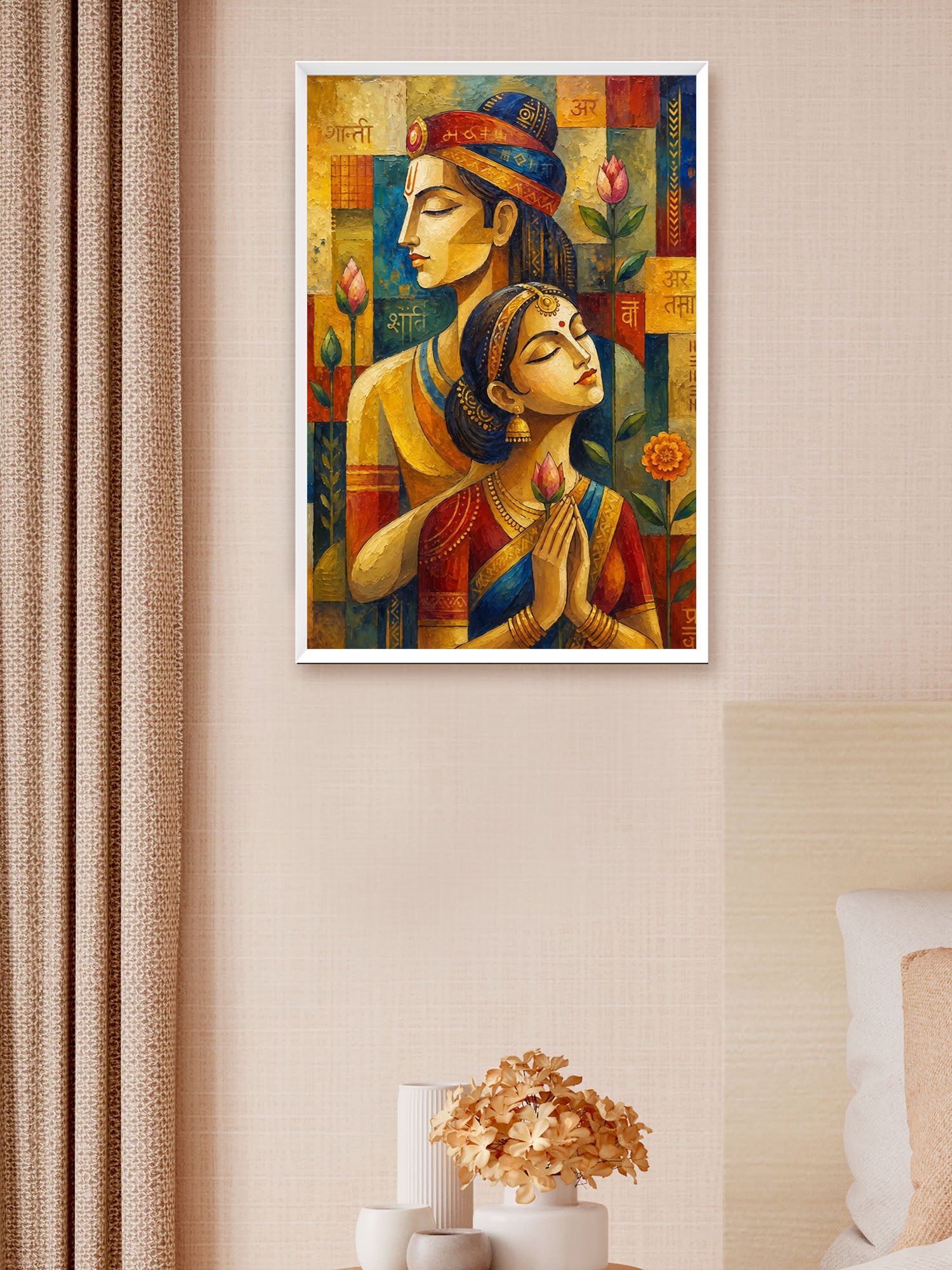 A framed vertical art print featuring a colorful illustration of a couple in traditional attire, displayed on a beige textured wall in a styled bedroom setting next to a curtain and a bed.