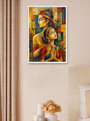 A framed vertical art print featuring a colorful illustration of a couple in traditional attire, displayed on a beige textured wall in a styled bedroom setting next to a curtain and a bed.